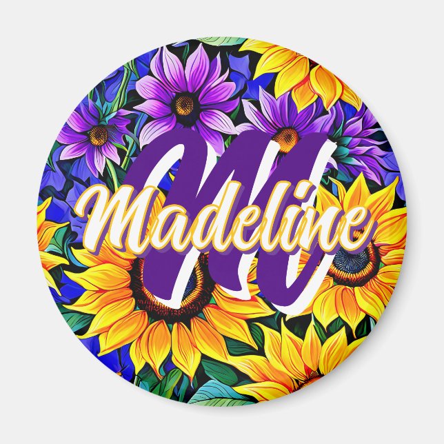 Lila Blumen und gelbe Sonnenblumen Personalisiert Magnet (Vorne)