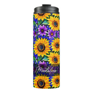 Lila Blumen und gelbe Sonnenblumen Personalisiert Thermosbecher
