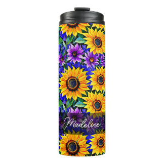 Lila Blumen und gelbe Sonnenblumen Personalisiert Thermosbecher