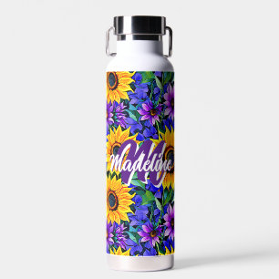 Lila Blumen und gelbe Sonnenblumen Personalisiert Trinkflasche