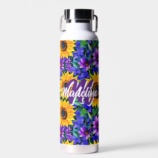 Lila Blumen und gelbe Sonnenblumen Personalisiert Trinkflasche