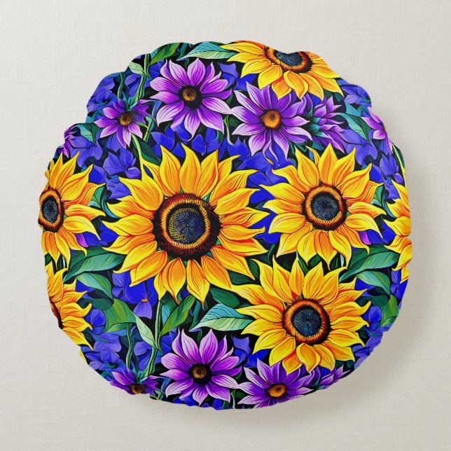 Lila Blumen und gelbe Sonnenblumen Rundes Kissen (Vorderseite)