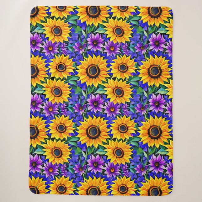 Lila Blumen und gelbe Sonnenblumen Sherpadecke (Vorderseite)