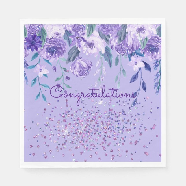 Lila Blumen und Glitzer Papier Napkin Serviette (Vorderseite)