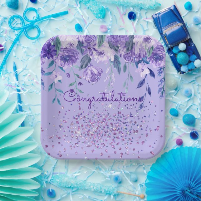 Lila Blumen und Glitzer Papier Teller (Party)