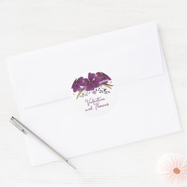 Lila Blumen und Gold Glitzer Runder Aufkleber (Umschlag)