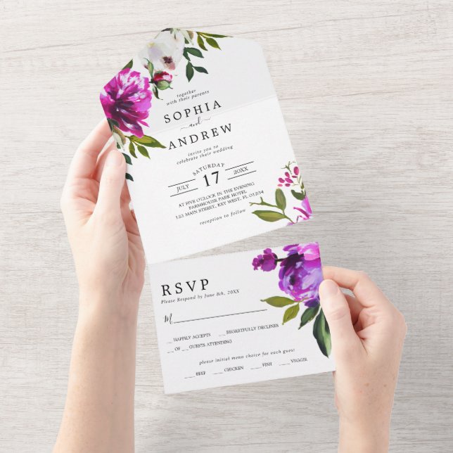 Lila Blumen und Grüne Blätter Hochzeit All In One Einladung (Abreißen)
