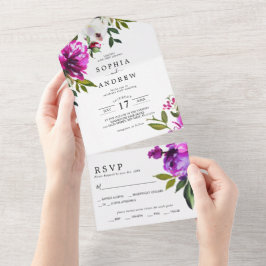 Lila Blumen und Grüne Blätter Hochzeit All In One Einladung