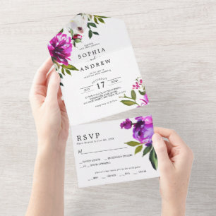 Lila Blumen und Grüne Blätter Hochzeit All In One Einladung