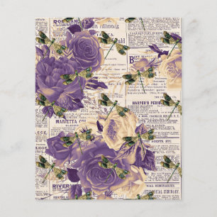 Lila Blumen und Libellen auf Zeitungspapier