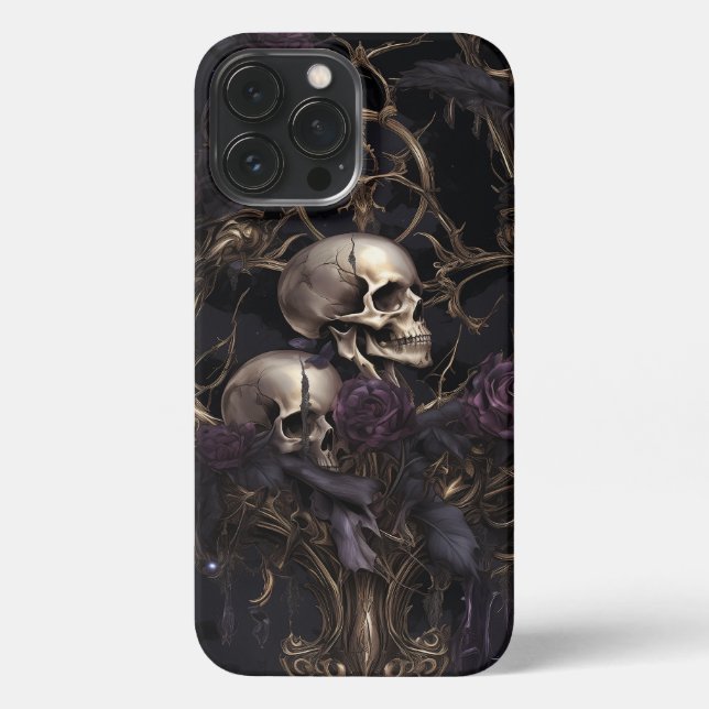 Lila Blumen und Schädel iPhone 13 Pro Max Hülle (Rückseite)