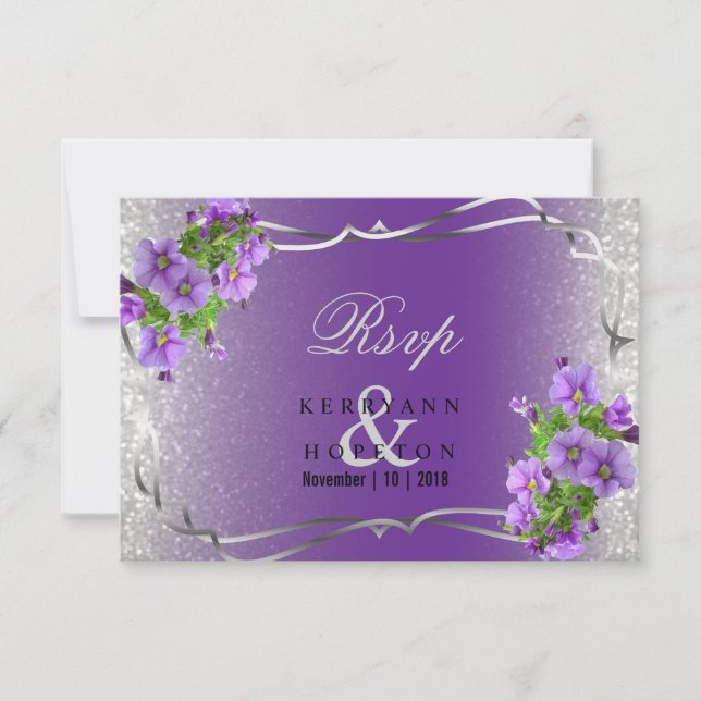Lila Blumen und Silber Glitzer - UAwg RSVP Karte (Vorderseite)