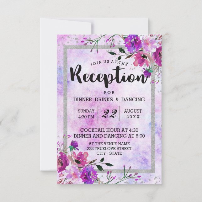 Lila Blumen- und Silber-Rahmen-Hochzeitsempfang Einladung (Vorderseite)