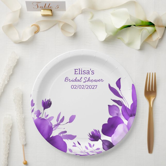 Lila Blumen Wasserfarben-benutzerdefiniertes Braut Pappteller (Hochzeit)