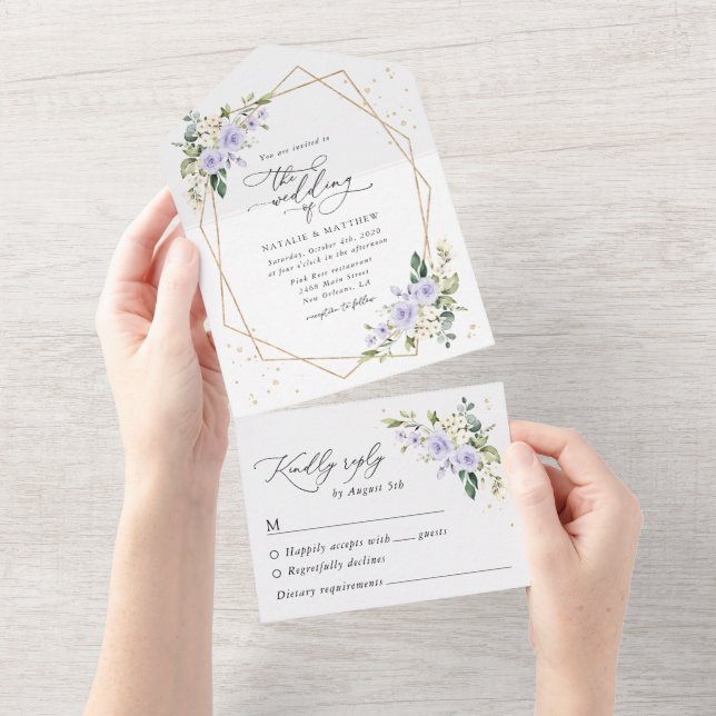 Lila Blumen, weiße Blume, Boho, Hochzeit All In One Einladung (Abreißen)