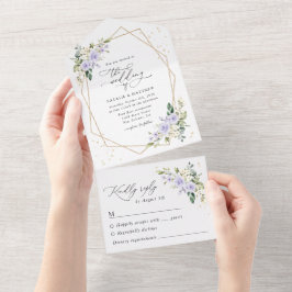 Lila Blumen, weiße Blume, Boho, Hochzeit All In One Einladung