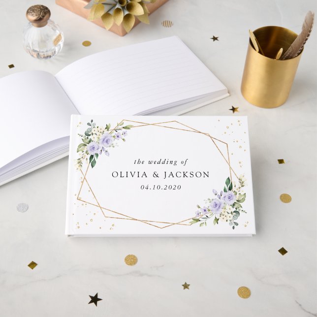 Lila Blumen, weiße Blume, Boho, Hochzeit Gästebuch (Vorderseite Offen)