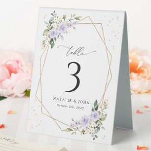 Lila Blumen, weiße Blume, Boho, Tischnummern Tischaufsteller