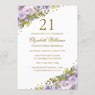 Lila Blumenaquarell Gold 21. Geburtstag Einladung