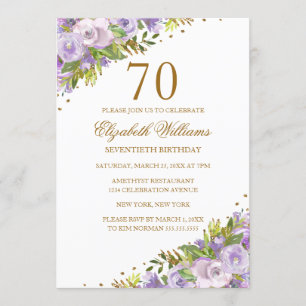Lila Blumenaquarell Gold 70. Geburtstag Einladung