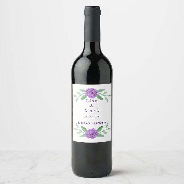 Lila Blumenblätterung Hochzeitweilige Weinetikette Weinetikett (Vorderseite)