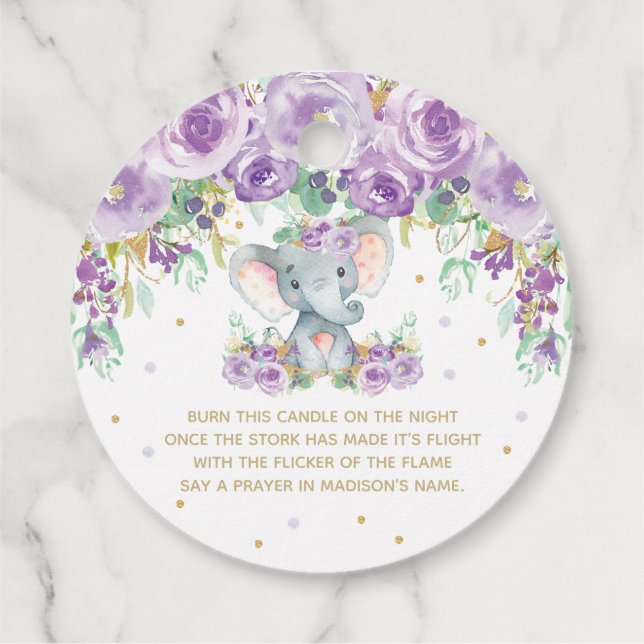 Lila Blumenblume Niedlich Elephant Babydusche Kerz Geschenkanhänger (Rückseite)