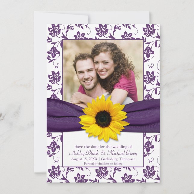 Lila BlumenDamast Sonnenblume Save the Date (Vorderseite)