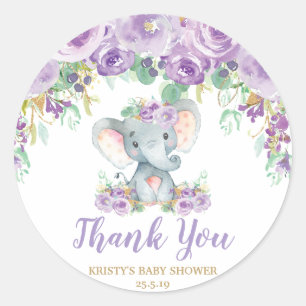 Lila Blumenelefanten-Baby-Shower-Dankeschön-Gesche Runder Aufkleber