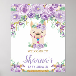 Lila Blumener-Lama-Babyparty Mädchen Begrüßungssch Poster