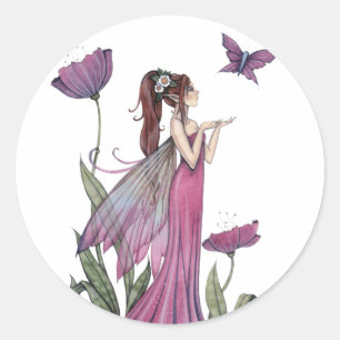 Lila Blumenfee und Schmetterlingsaufkleber Runder Aufkleber