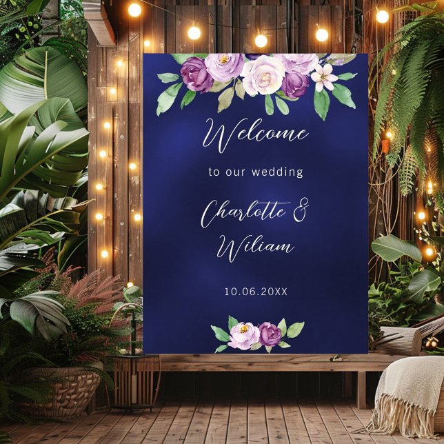 Lila Blumenfloralen mit blauen Hochzeiten willkomm Poster (Von Creator hochgeladen)