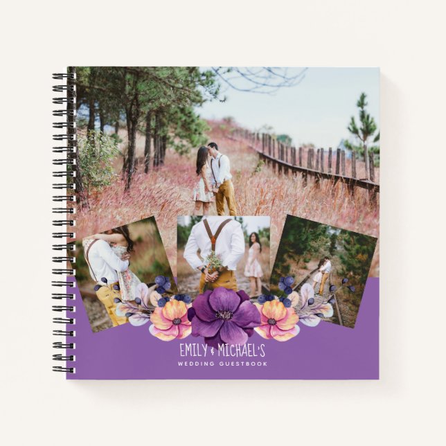 Lila Blumenfoto-Collage Wedding Gästebuch Notizbuch (Vorderseite)