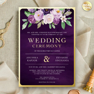 Lila Blumenfoto Indische Hochzeit Gold Folieneinladung