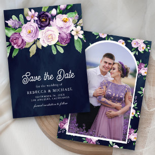 Lila Blumenfoto Navyblaue Hochzeit Save The Date