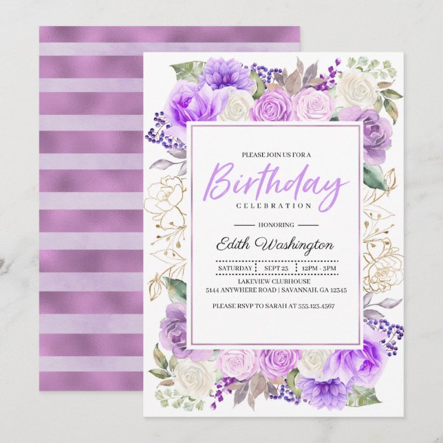 Lila Blumenfrühling zum Geburtstag Einladung (Vorne/Hinten)