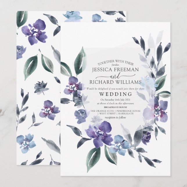 Lila Blumengarten Einladung zur Hochzeit, (Vorne/Hinten)