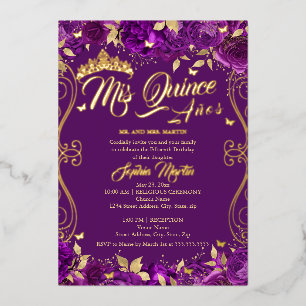 Lila Blumengarten Gold Mis Quince Quinceanera Folieneinladung