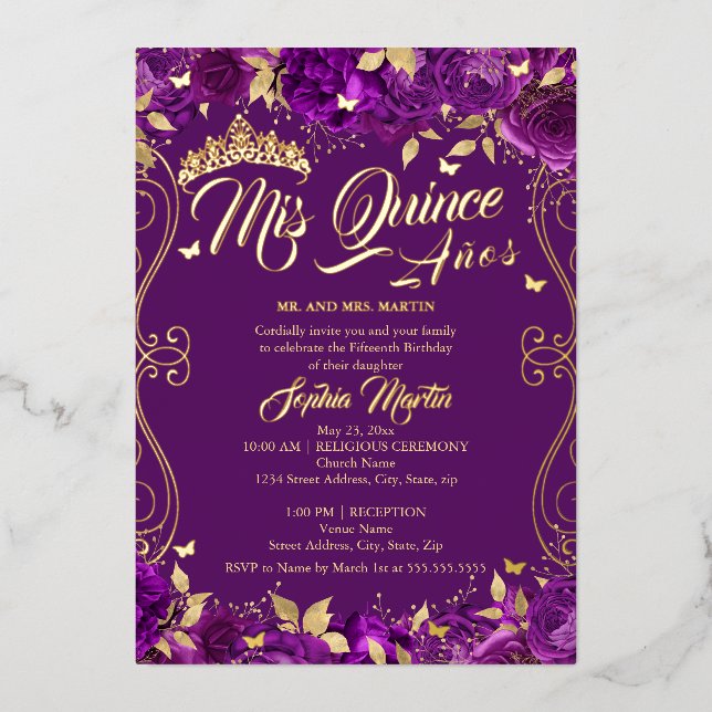 Lila Blumengarten Gold Mis Quince Quinceanera Folieneinladung (Vorderseite)