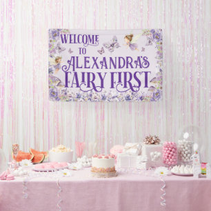 Lila Blumengeister zum ersten Geburtstag Willkomme Banner