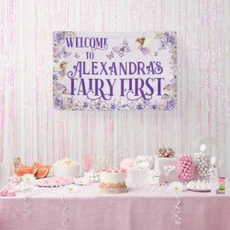 Lila Blumengeister zum ersten Geburtstag Willkomme Banner