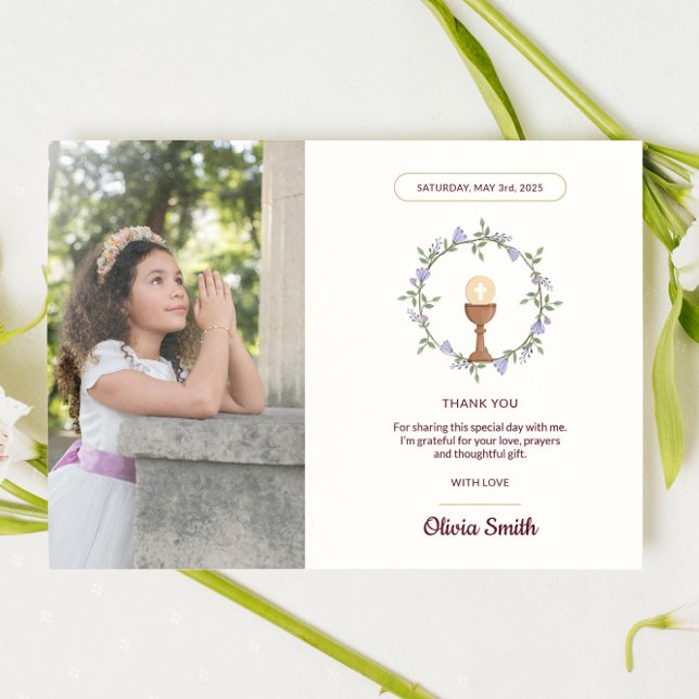 Lila Blumengemeinde danke mit Foto Einladung (Printed First Communion reminder with custom name and date)