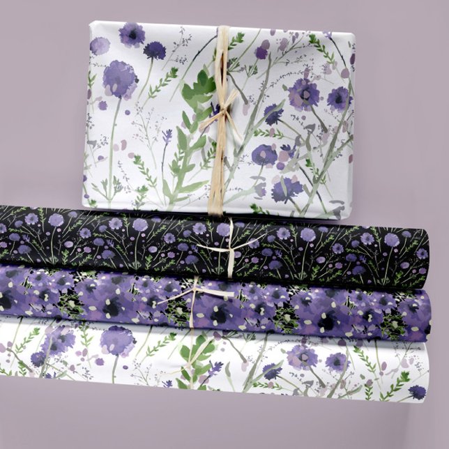 Lila Blumengeschenk für Wasserfarben Geschenkpapier Set (Elegant Purple Green Black Watercolor Flowers Wrapping Paper Sheets. Jenn Steffen-Studio Posies. )