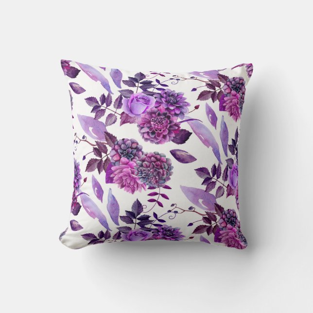 Lila, blumengeschmücktes Kissen. Aquarellviolette  Kissen (Vorderseite)