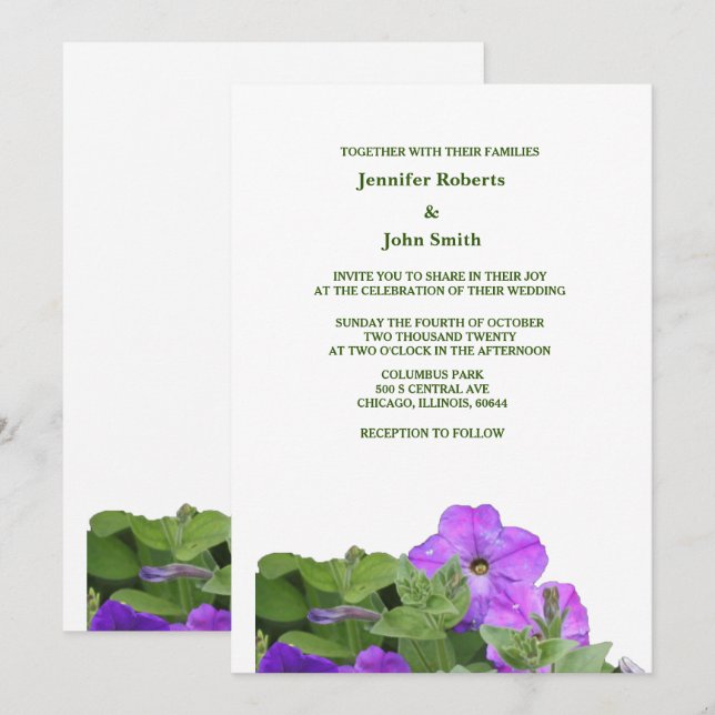 Lila Blumengeschoss Grüne Violette Blume Hochzeit Einladung (Vorne/Hinten)