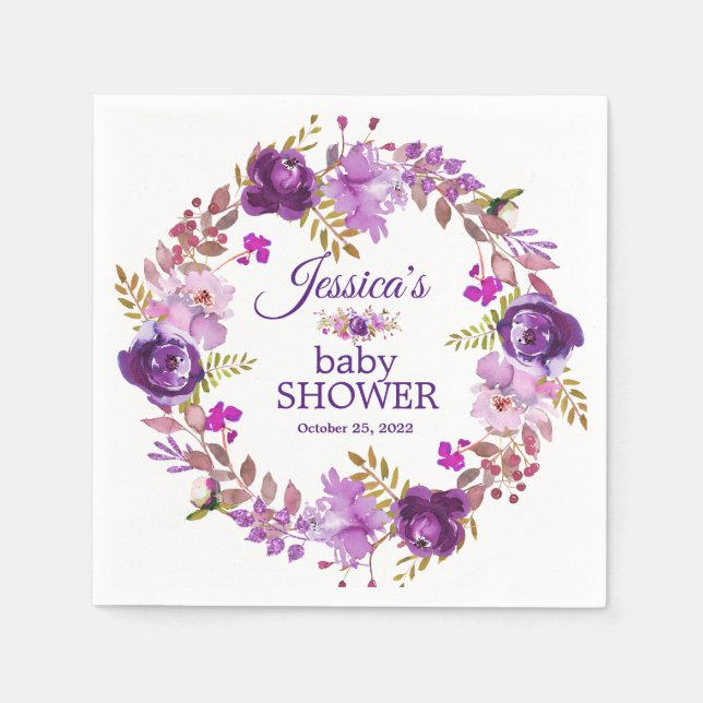 Lila Blumengold Glitzer Babyduschpapier Serviette (Vorderseite)