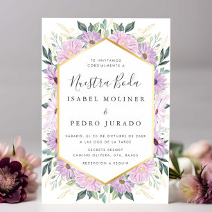 Lila Blumengolden-Blätter Nuestra Boda Wedding Einladung