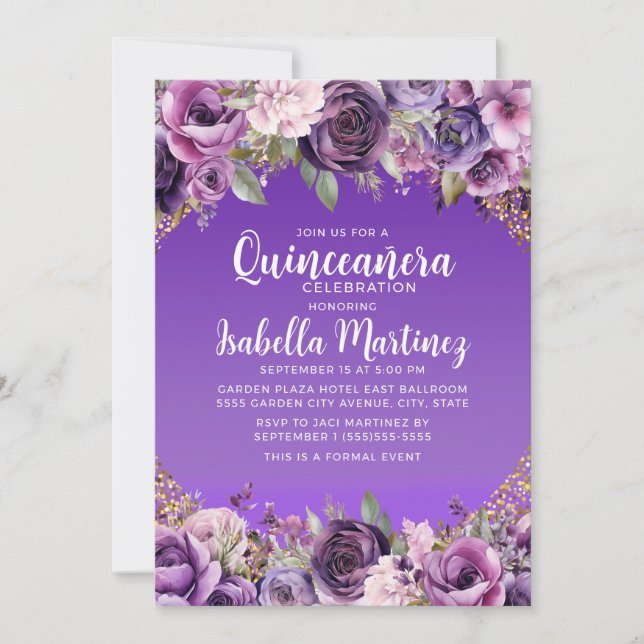 Lila Blumengolden-Glitzer Quinceñera Einladung (Vorderseite)