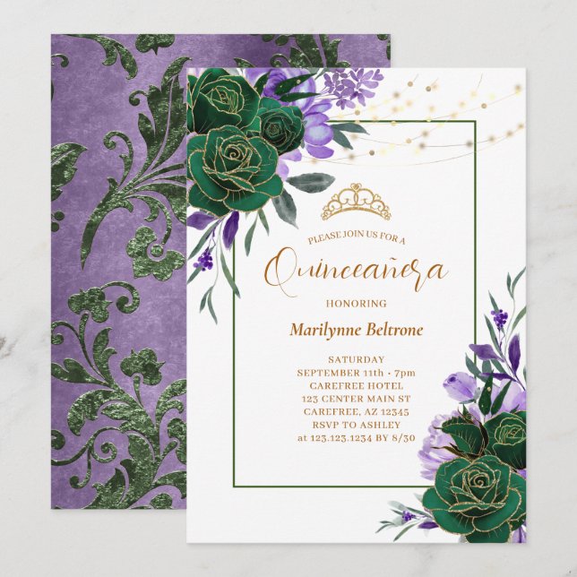 Lila Blumengoldquinceañera Einladung (Vorne/Hinten)