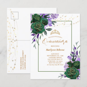 Lila Blumengoldquinceañera Einladung Postkarte