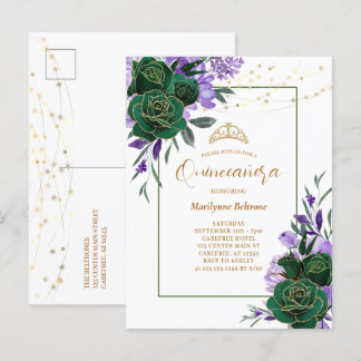 Lila Blumengoldquinceañera Einladung Postkarte